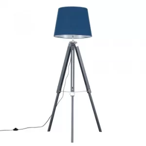 Image of Clipper Grey and Chrome Tripod Floor Lamp with XL Navy Blue Aspen Sha