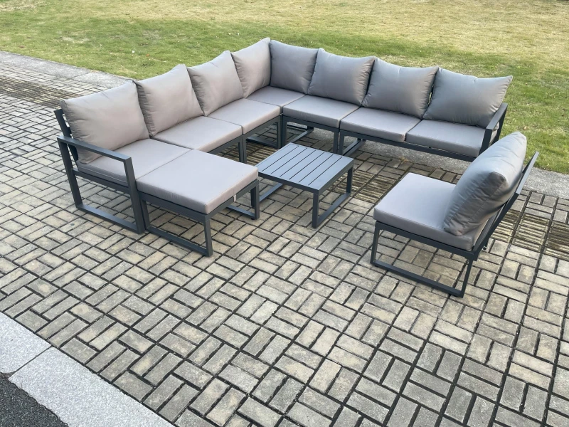 Image of Fimous 9 Seater Patio Outdoor Garden Furniture Aluminium Lounge Corner Sofa Set with Square Coffee Table Big Footstool Dark Grey Dark Grey Unisex