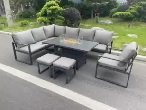 Image of Fimous 7 Seater Outdoor Dark Grey Aluminum Lounge Complete Sofa Set with Gas Fire Pit and 2 Stools