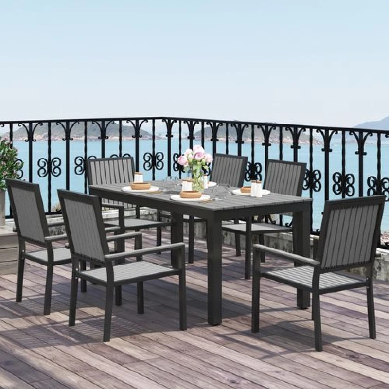 Image of Outsunny Outsunny 6 Seater Aluminium Garden Dining Set with Stackable Chairs, Grey