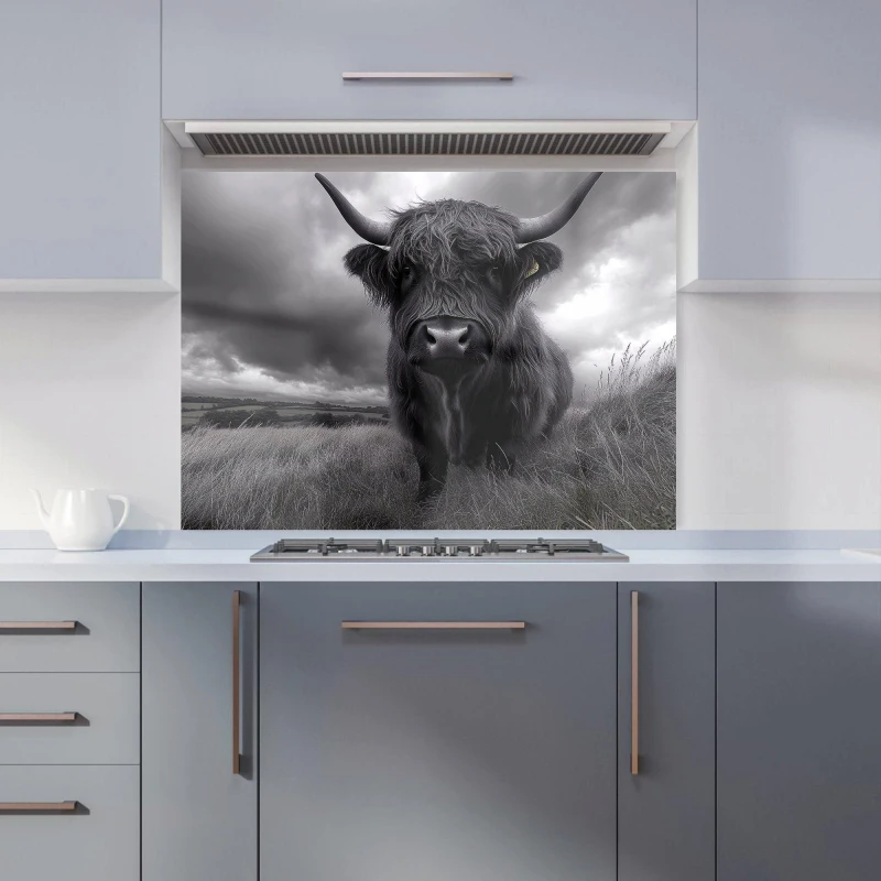 Image of Warren Reed - Designer Black & White Highland Cow Kitchen Splashback in Grey Size: 900mm x 650mm Grey Unisex 900mm x 650mm