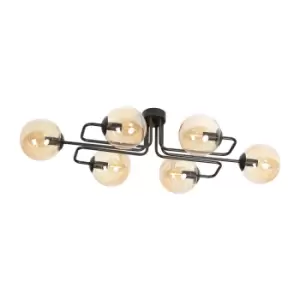 Image of Brendi Black Globe Bar Pendant Ceiling Light with Amber Glass Shades, 6x E14
