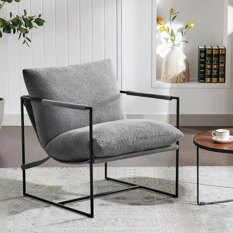 Image of MCC Direct Boucle Fabric Lounge Chair with Metal Frame Upholstered Accent chair in Grey Grey Unisex