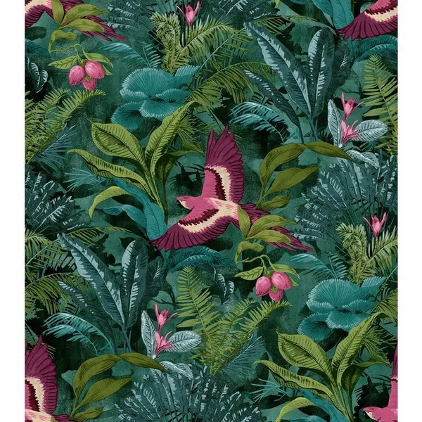 Image of RASCH Rasch - Tropical Rainforest Wallpaper Botanical Floral Birds Jungle Teal Green WL-214727
