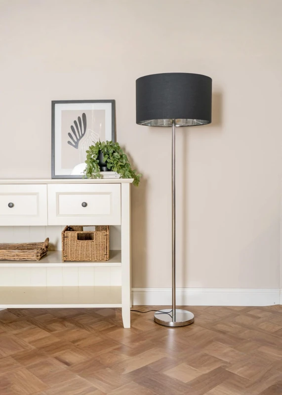 Image of ValueLights ValueLights Charlie Chrome Stem Floor Lamp with Fabric Drum with Chrome Inner Shade & Bulb in Black One Size Unisex 5059406060526