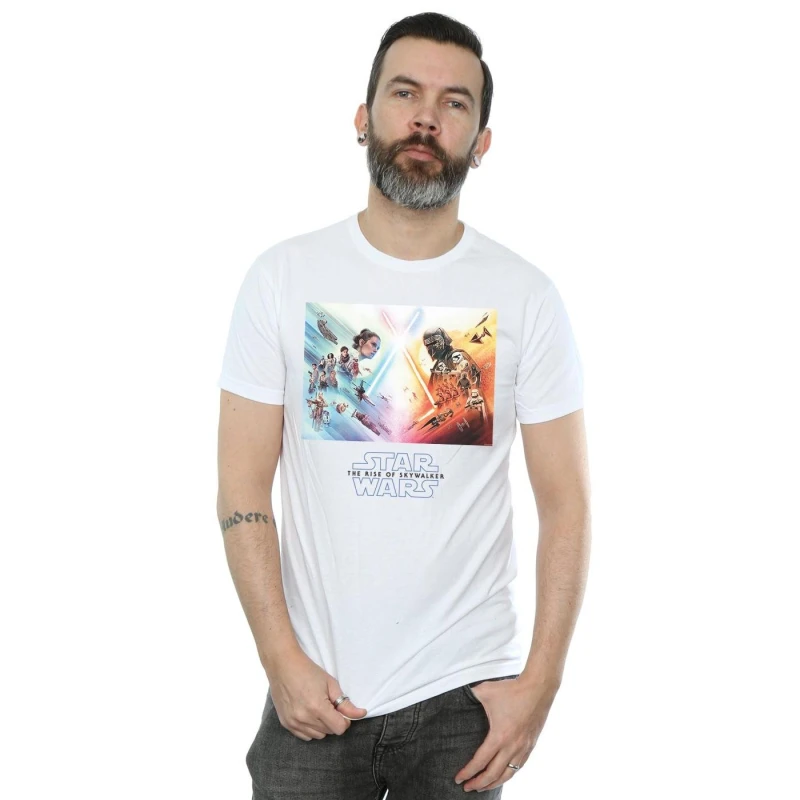 Image of Disney Men Star Wars The Rise Of Skywalker Battle Poster T-Shirt in White Size: Small White S Male 5059400134896
