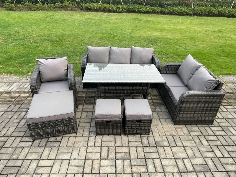 Image of Fimous 7 Piece Rattan Garden Furniture Set with Patio Sofa Rectangular Dining Table 3 Small Footstools Indoor Conservatory Patio Set in Dark Grey Dark