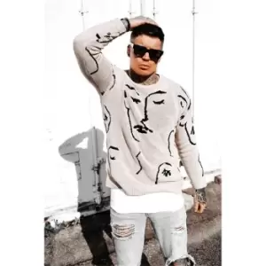 Image of I Saw It First Beige Mens Face Print Jumper - Brown
