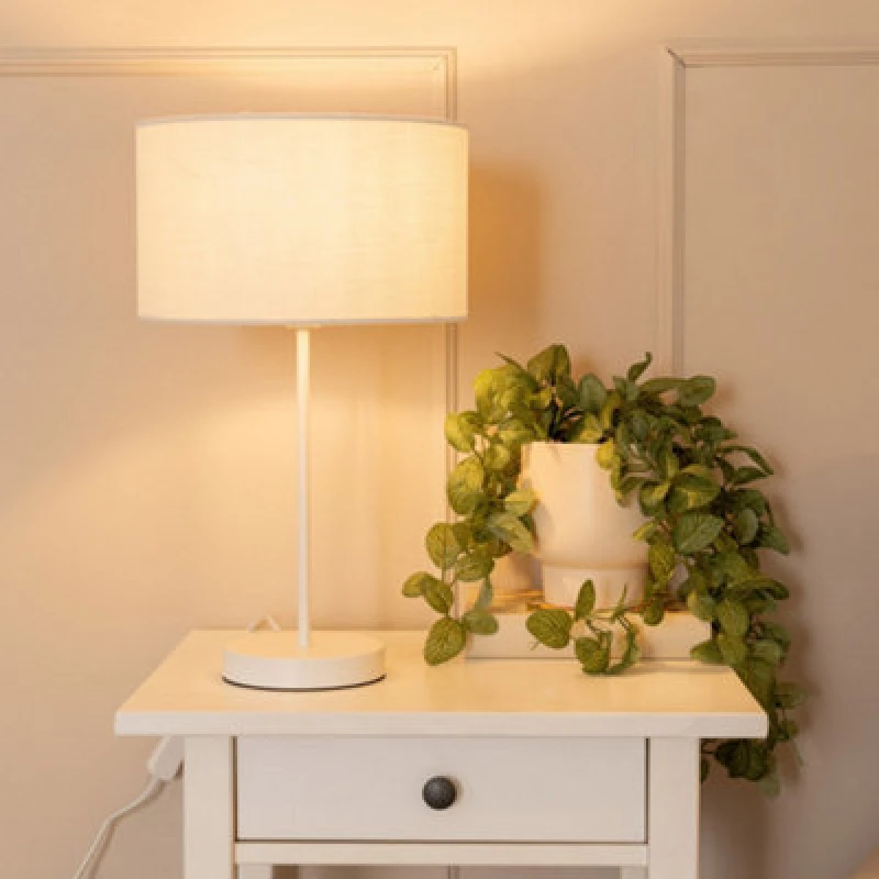 Image of ValueLights Charlie White Single Stem Table Lamp with Fabric Drum Lamp Shade and LED Bulb White