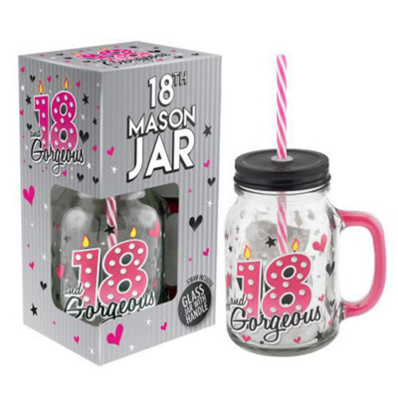 Image of Happy Homewares 18Th Birthday Mason Jar With Metal Lid Glass Handle And Pink/white Straw
