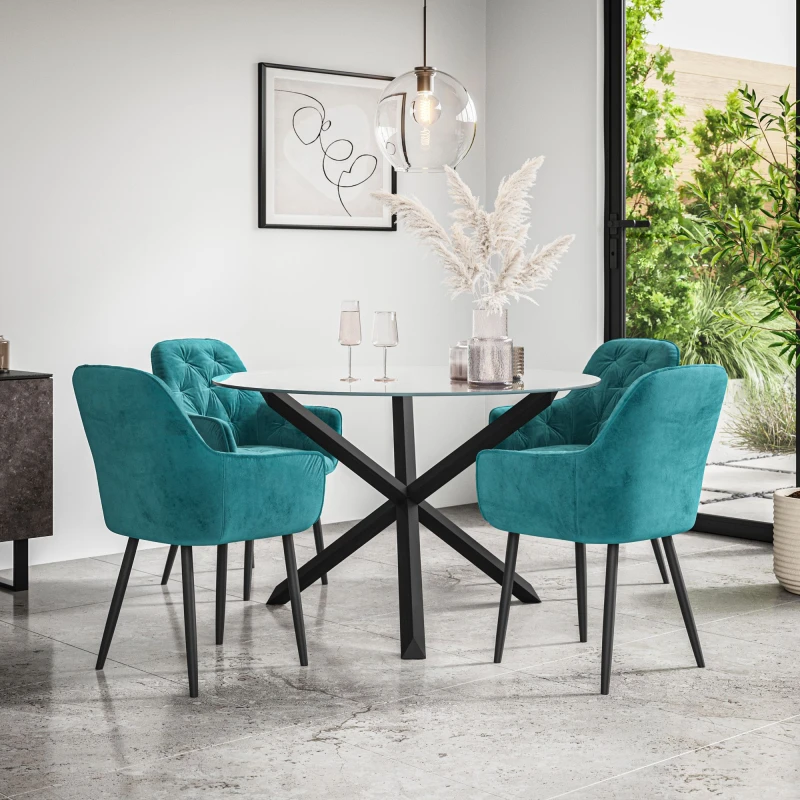 Image of More4Homes Malvern Round Dining Table And Chairs - Clear Glass Table Top W Solid Black Oak Legs + Anika Velvet Dining Chair Set Of 4 (Blue)