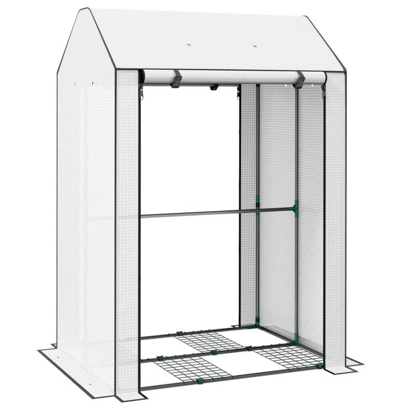 Image of Outsunny Mini Greenhouse with Shelves and Roll Up Door, 100x80x150cm, White - White - Outsunny 5056725390884