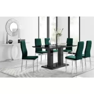 Image of Furniturebox UK - Furniturebox Imperia 6 High Gloss Black Modern Dining Table and 6 Green Milan Faux Leather Dining Chairs With Silver Legs Diamond
