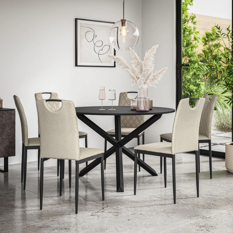 Image of More4Homes Malvern Round Dining Table And Chairs - Black Table Top W Solid Oak Black Legs + Monza Fabric Dining Chair Set Of 6 (Beige)