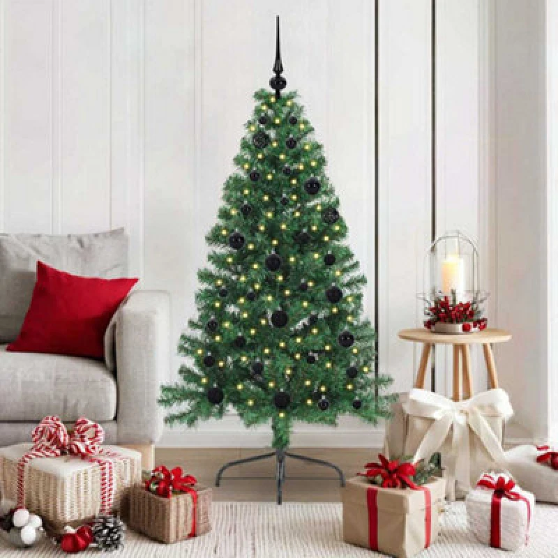 Image of vidaXL Artificial Pre-lit Christmas Tree with Black Balls Green 150cm PVC, Green 3396999