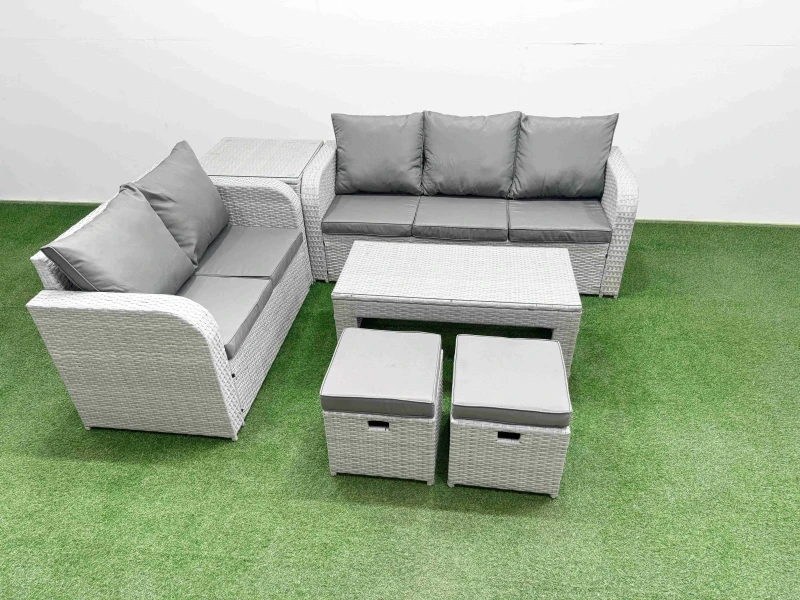 Image of Fimous 7 Seater PE Rattan Wicker Garden Furniture Patio Conservatory Sofa Set with Oblong Coffee Table 3 Seater Sofa Love Sofa 2 Stools Side Table Lig