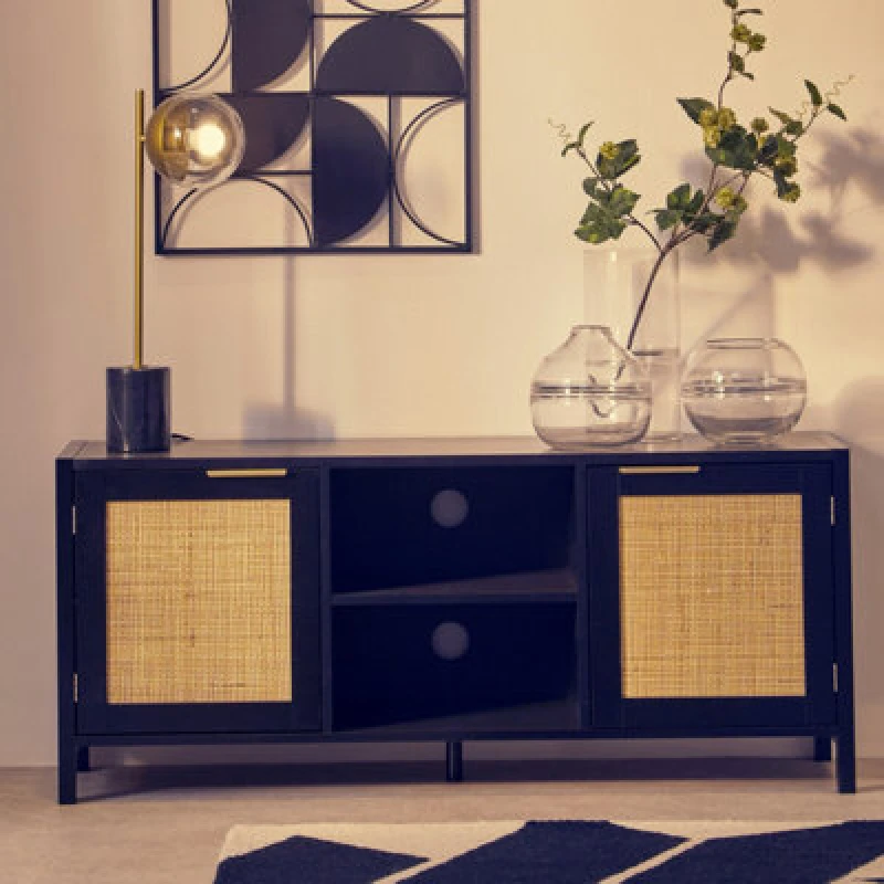 Image of Orsina Contemporary Black Wood Media Unit, Durable Mdf Constructed Modern TV Cabinet, Functional Media Unit