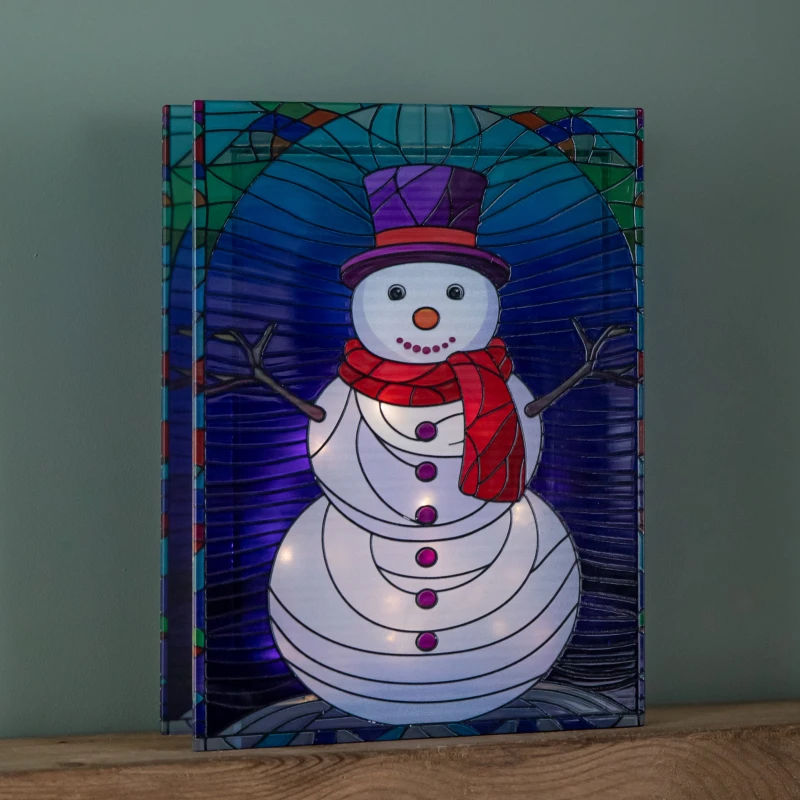 Image of 28cm Battery Operated Light up Double Sided Stained Glass Snowman Decoration with LEDs