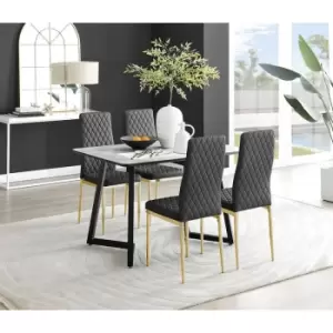 Image of Furniturebox Carson White Marble Effect Recatngular 120cm Dining Table & 4 Black Milan Gold Leg Faux Leather Chairs