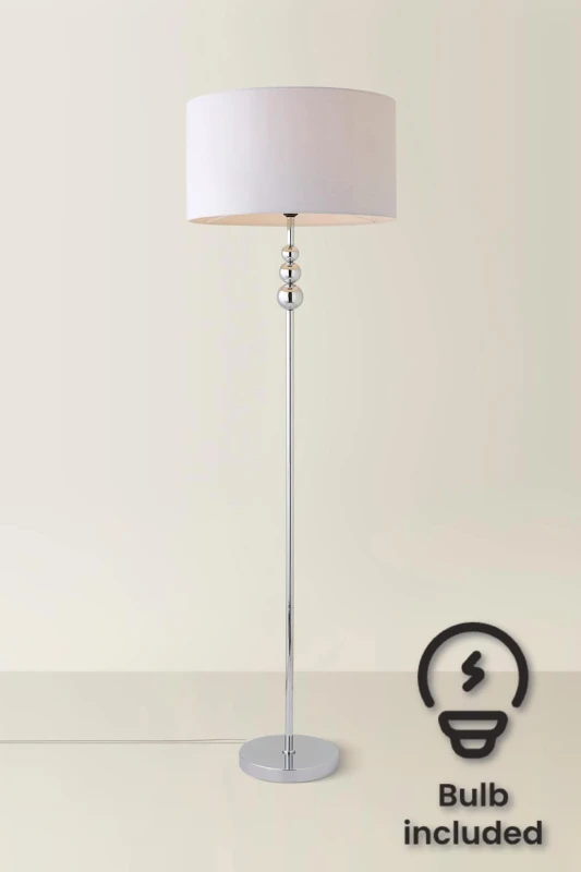 Image of ValueLights Marissa Fabric Drum Shade with Chrome Stacked Ball Floor Lamp with LED Bulb Grey