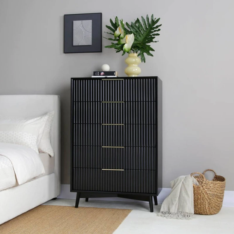Image of Home Garden Direct Monza Tall Chest of 5 Drawers with Fluted Detailing Black Unisex