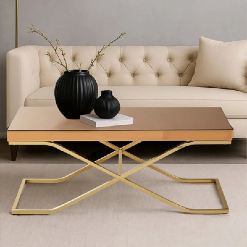 Image of Premier Housewares Stylish Light Brown Coffee Table For Sitting Area, Modern Rectangular Decorative Coffee Table With Glass Top Gold