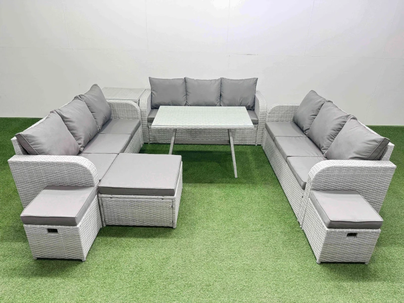 Image of Fimous 12 Seat Outdoor PE Rattan Garden Furniture with Side Table 3 Stool in Light Grey Light Grey Unisex