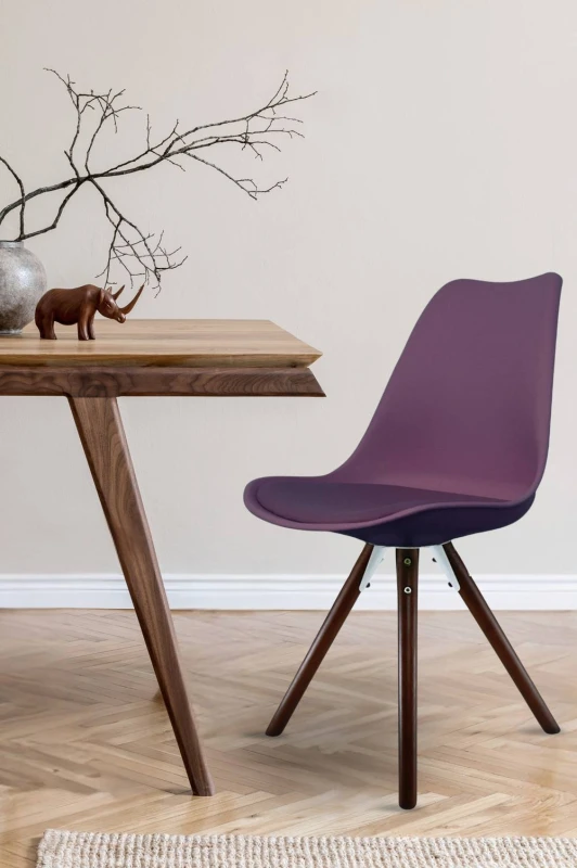 Image of Fusion Living Soho Plastic Dining Chair with Pyramid Dark Wood Legs Aubergine