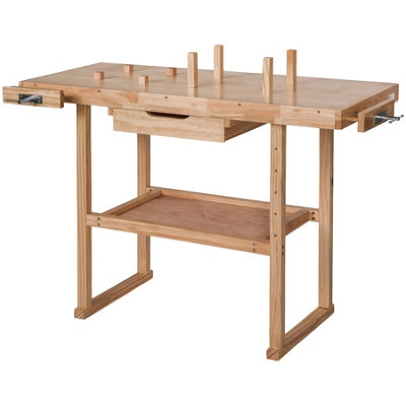 Image of Tectake Woodworking Bench - With 2 Vices, Spacious Drawer, Shelf 117 X 47,5 X 83cm - Brown