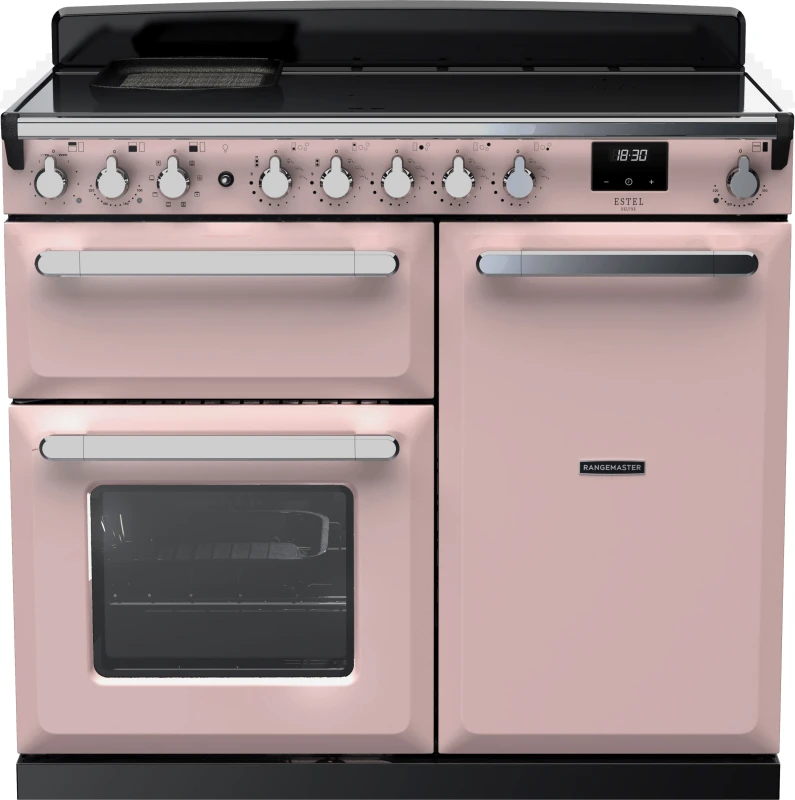Image of Rangemaster Estel Deluxe ESDL100EIPPPK/CM1 100cm Electric Range Cooker with Induction Hob - Pale Pink / Chrome - A/A Rated