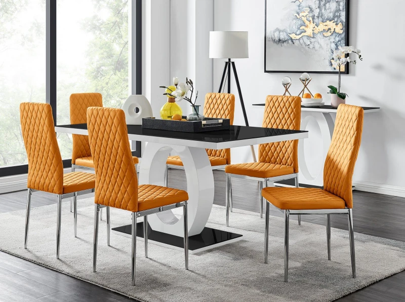 Image of FurnitureboxUK Giovani Rectangular 6 Seat White High Gloss Unique Halo Dining Table Black Glass Top 6 Faux Leather Silver Leg Milan Chairs in Mustard