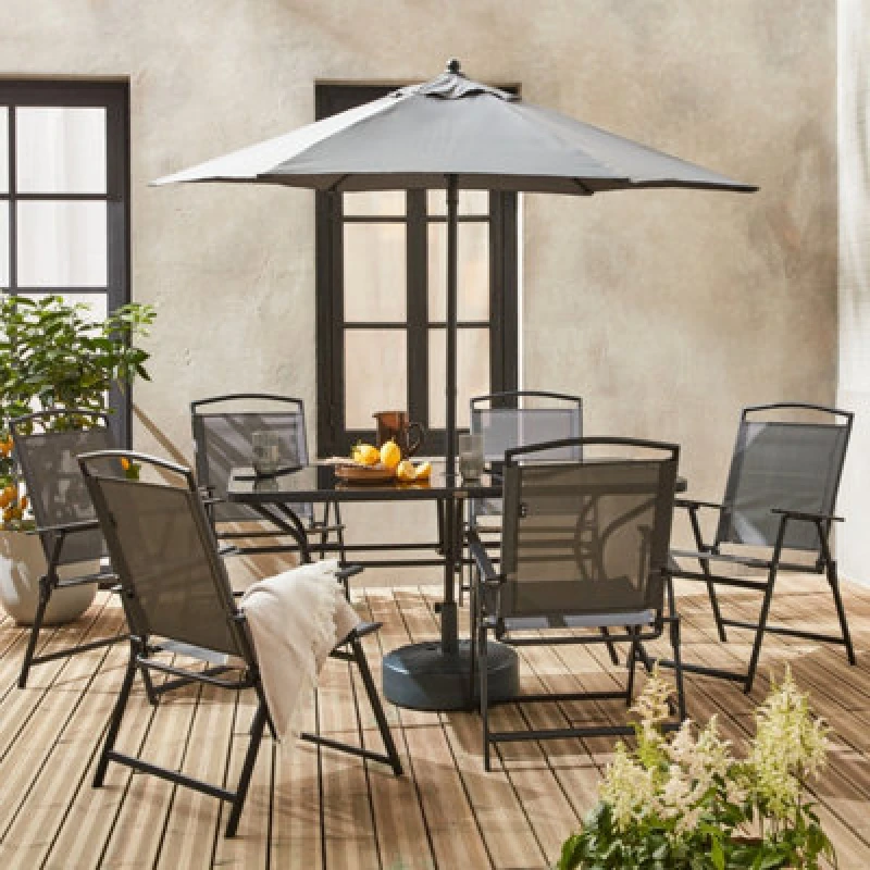Image of sweeek 6-seater Metal Dining Set With Foldable Chairs And Parasol Grey