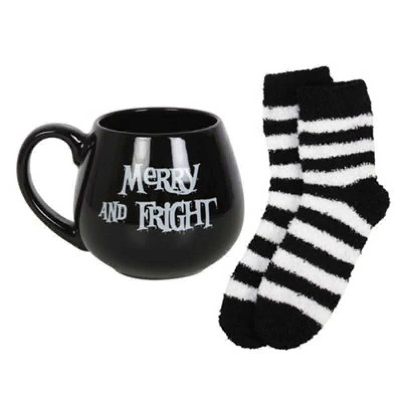 Image of Something Different Something Different Merry & Fright Christmas Mug and Sock Set in Black One Size Unisex 5063425343898
