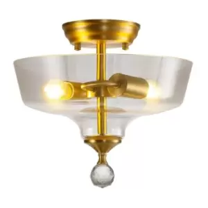 Image of Luminosa Talisa 2 Light Semi Flush Ceiling Lamp E27 With Flat Round 30cm Glass Shade Satin Gold, Clear