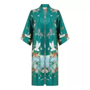 Image of Yumi Green Satin Crane Border Kimono - Green