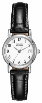 Image of Citizen Womens White Dial Black Leather Strap Eco-Drive Watch