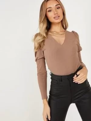 Image of Quiz Ribbed Puff Sleeve Chain, Black, Size 6, Women