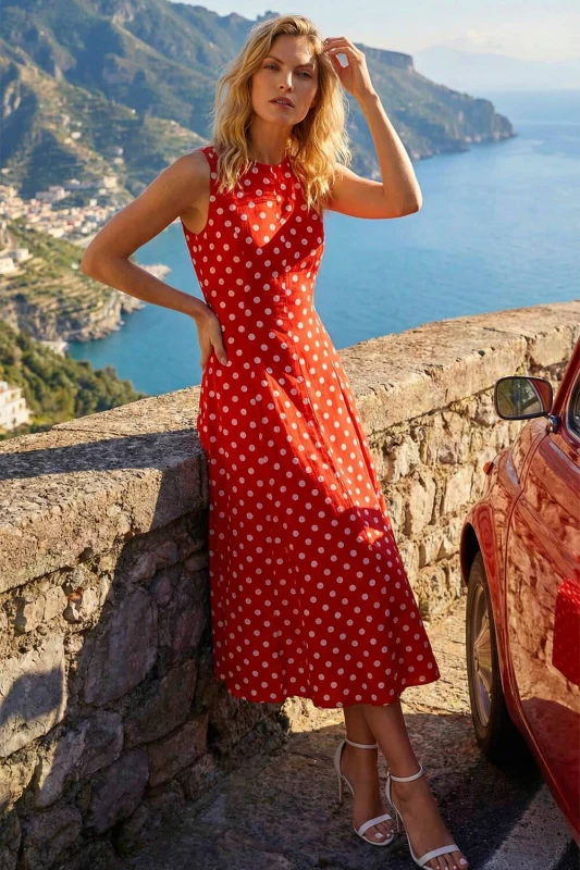 Image of Roman Womens Polka Dot Panel Midi Dress in Red Size: 14 Red Female 14