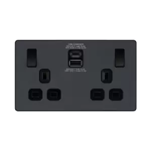 Image of BG Evolve Matt Grey Double Switched 13A Power Socket + USB C 30W + USB A (2.1A) - PCDMG22UAC30B