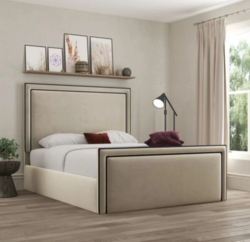 Image of Ds Living Verona Pipping Upholstered Plush Cream Bed