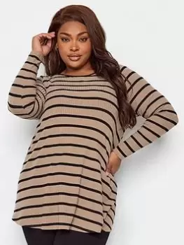 Image of Yours Long Sleeve Rib Swing Top 2 Pack. Black & Mocha Strpe, Brown, Size 26-28, Women