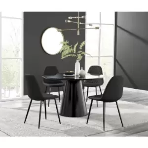 Image of Furniturebox Palma Black Semi Gloss 120cm Round Minimalist Dining Table & 4 Black Corona Faux Leather Dining Chairs with Black Legs Diamond Stitch