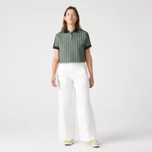 Image of Lacoste Womens Regular Fit Contrast Collar Monogram Print Polo Shirt Size 14 Green / Beige