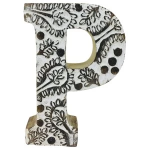 Image of Letter P Hand Carved Wooden White Flower