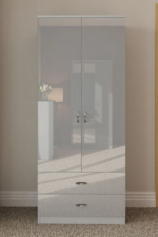 Image of FWStyle FWStyle High Gloss 2 Door 2 Drawer Combination Double Wardrobe in Grey Grey One Size Male 5056413121134