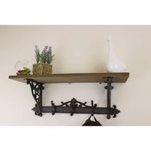 Image of Wooden Wall Shelf with Cast Iron Coat Hooks
