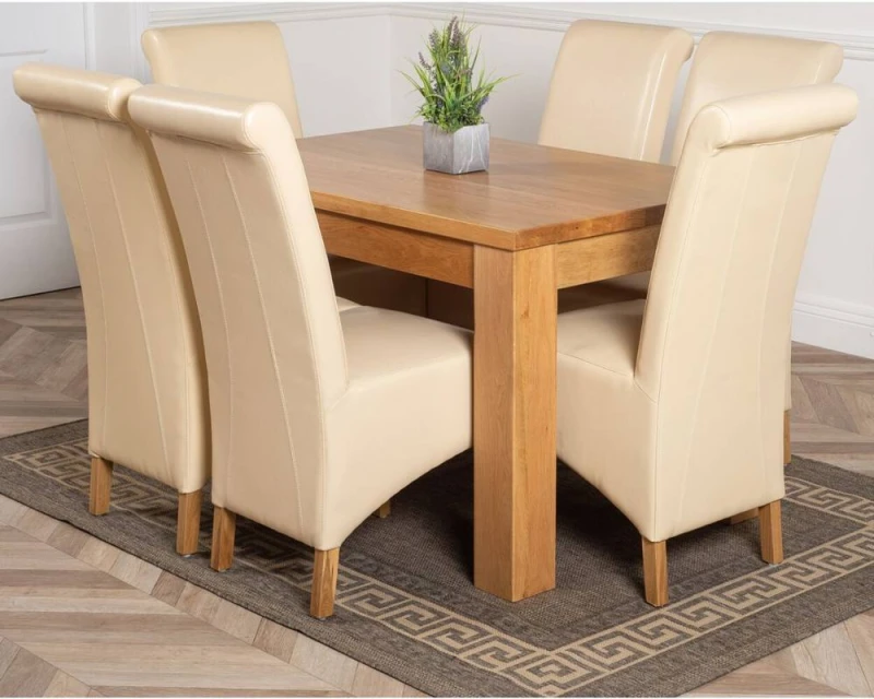 Image of Thats Furniture Dakot 127 x 82cm Oak Small Dining Table & 6 Montana Leather Chairs in Cream Size: 127 x 82cm Cream Unisex 127 x 82 cm