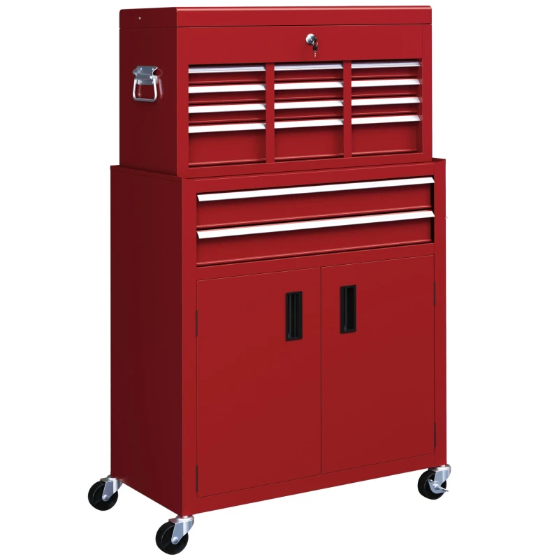 Image of HOMCOM Top Chest and Roller Cabinet Combo Metal Tool Cabinet on Wheels Red - Homcom 5056725588823
