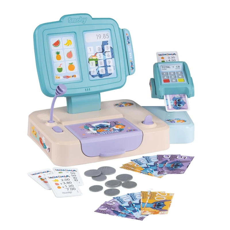 Image of Smoby - Stitch - Kassa - Kassalade Bankpaslezer Microfoon - Biljetten Munten Bankpas Bonnen - 26 Accessoires - Vanaf 3 Jaar - Gemaakt in Frankrij