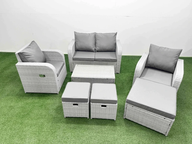 Image of Fimous Light Grey PE Wicker Rattan Garden Furniture Set Sofa Set Reclining Adjustable Chair Rectangular Coffee Table 7 Seater 3 Small Stools Light Gre